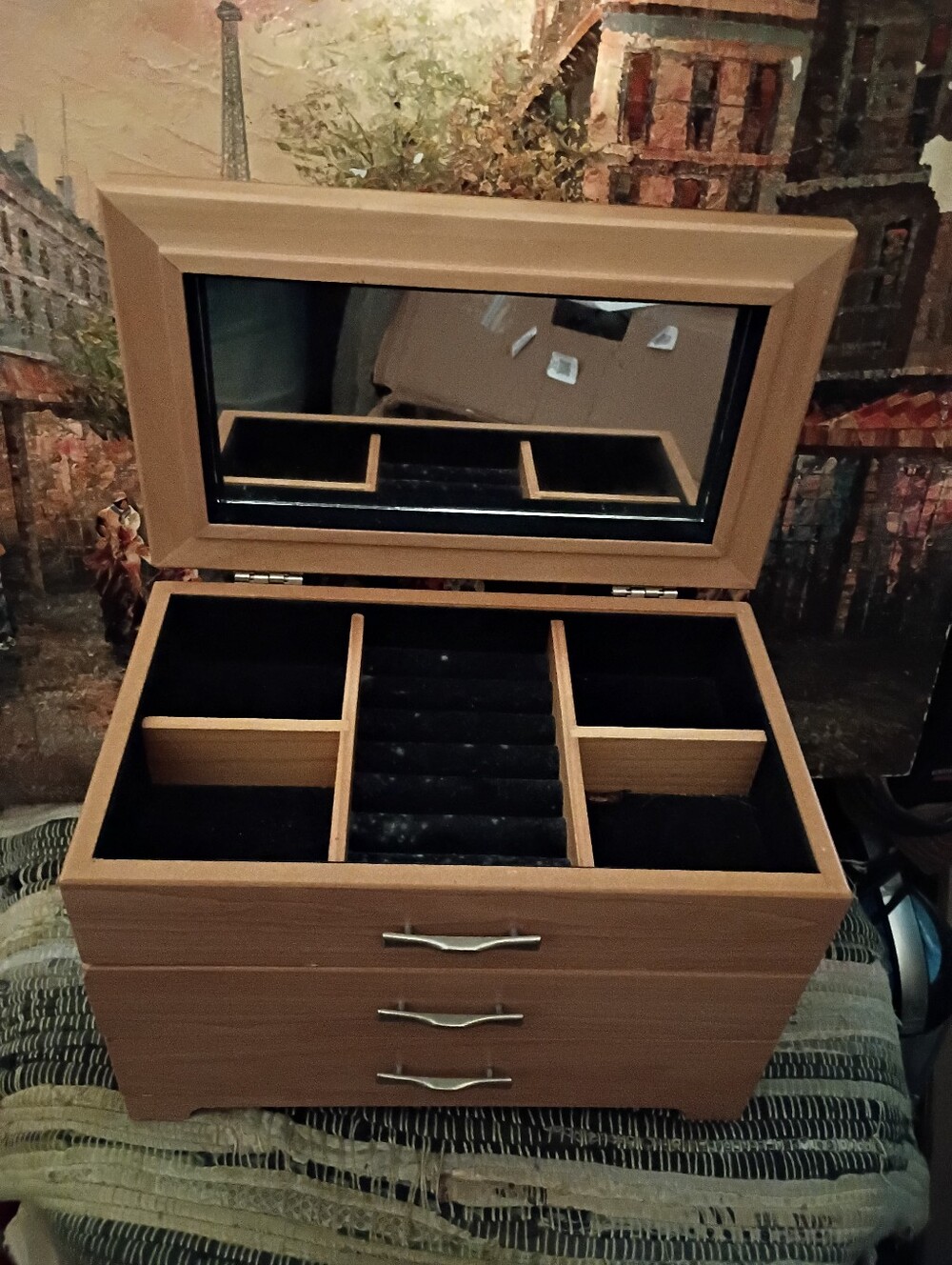 MELE- Bamboo Wood Finish Jewelry Organizer Box with Mirror Tan & Black Velvet.🏠 - Picture 3 of 6